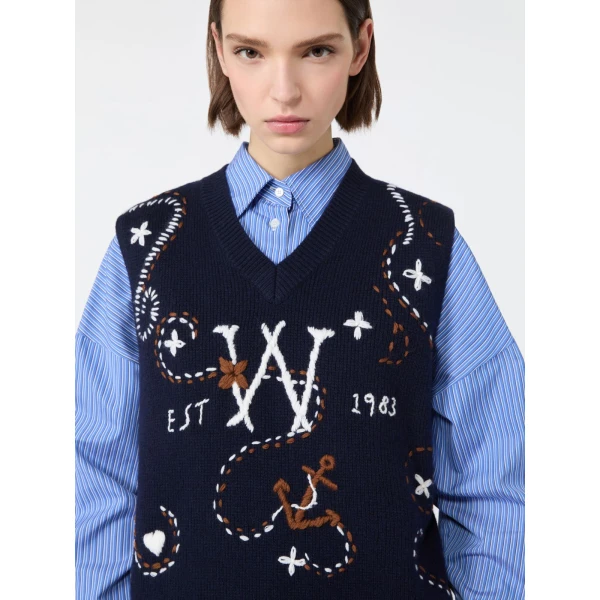 Max Mara Cacao Embroidered Wool Gilet in Ultramarine | Sweaters | Coveti