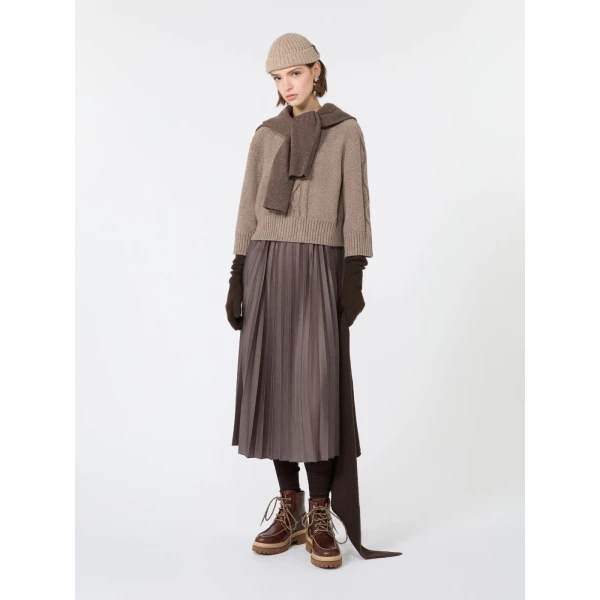 Max Mara Calco Jersey Dress with Wool Cable Jumper in Hazelnut Brown | Midi Dresses | Coveti