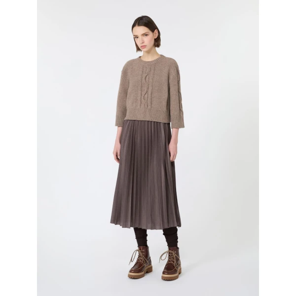 Max Mara Calco Jersey Dress with Wool Cable Jumper in Hazelnut Brown | Midi Dresses | Coveti