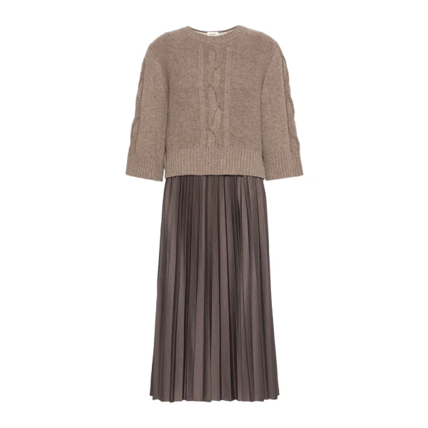 Max Mara Calco Jersey Dress with Wool Cable Jumper in Hazelnut Brown | Midi Dresses | Coveti