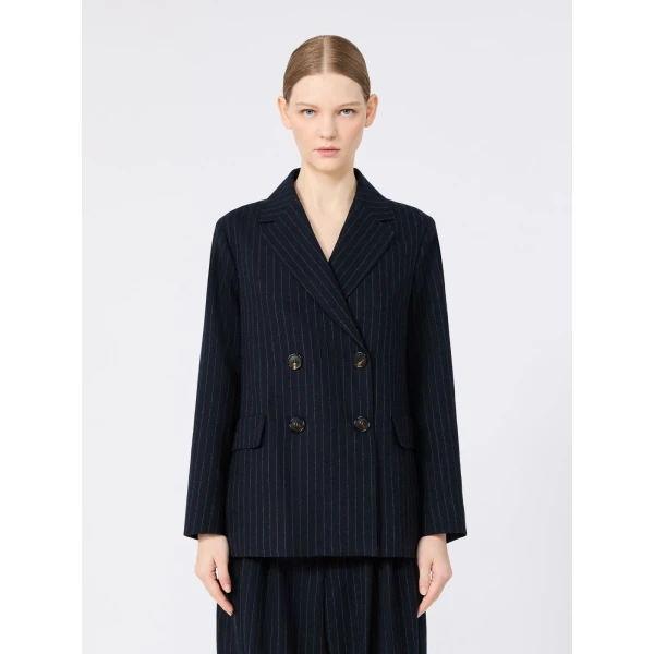 Max Mara Calibri Double-Breasted Pinstripe Wool Jacket in Midnight Blue | Blazers | Coveti