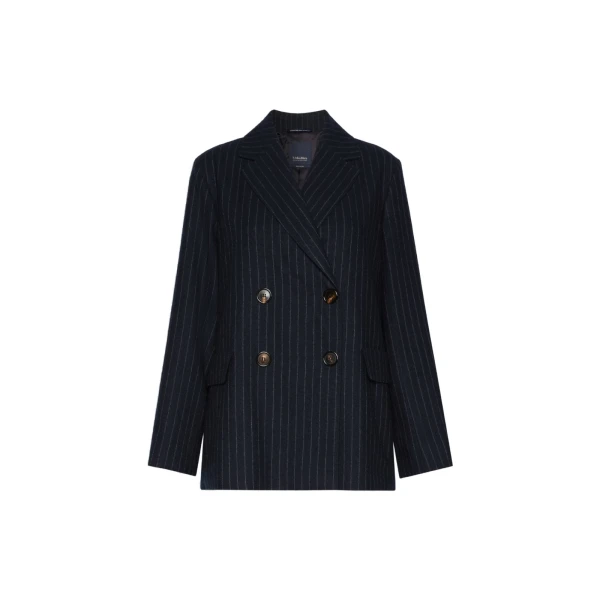 Max Mara Calibri Double-Breasted Pinstripe Wool Jacket in Midnight Blue | Blazers | Coveti