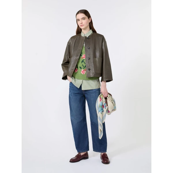 Max Mara Caliga Boxy Nappa Leather Jacket in Khaki | Leather Jackets | Coveti