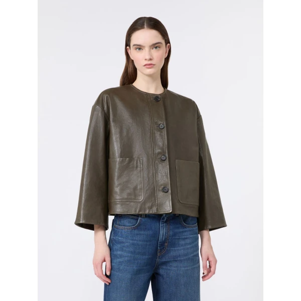Max Mara Caliga Boxy Nappa Leather Jacket in Khaki | Leather Jackets | Coveti