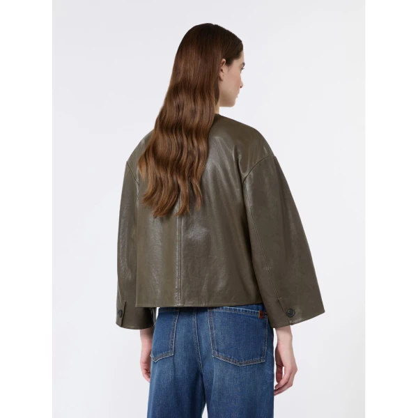 Max Mara Caliga Boxy Nappa Leather Jacket in Khaki | Leather Jackets | Coveti