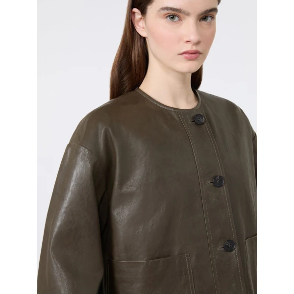 Max Mara Caliga Boxy Nappa Leather Jacket in Khaki | Leather Jackets | Coveti