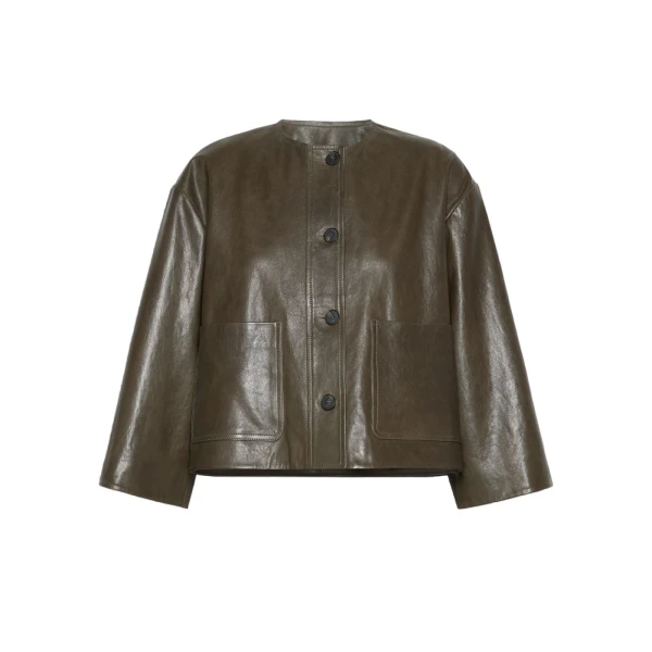 Max Mara Caliga Boxy Nappa Leather Jacket in Khaki | Leather Jackets | Coveti