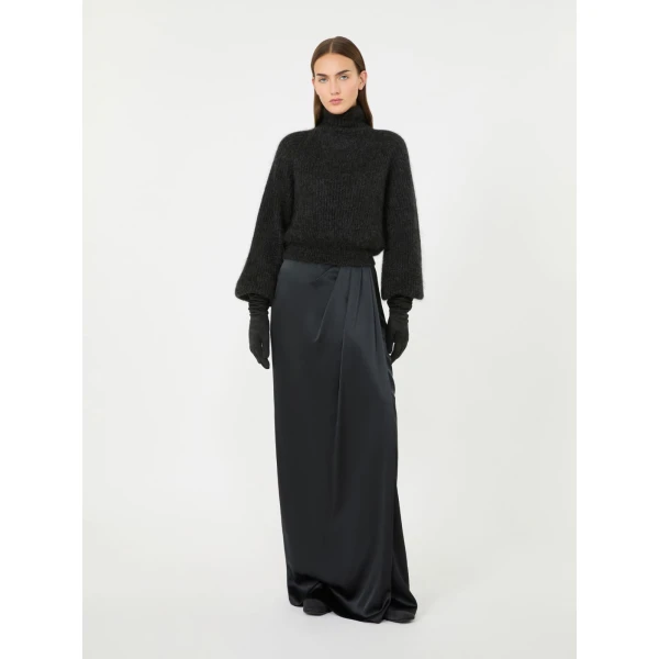 Max Mara Camera Long Silk Satin Skirt in Dark Grey | Maxi Skirts | Coveti