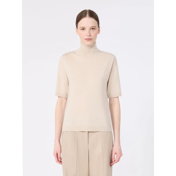 Max Mara Cantone Wool Short-Sleeve Polo-Neck Sweater in Albino White | Turtlenecks | Coveti