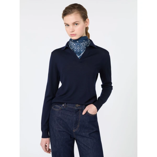 Max Mara Cappa Wool and Cashmere Polo Jumper in Navy | Sweaters | Coveti