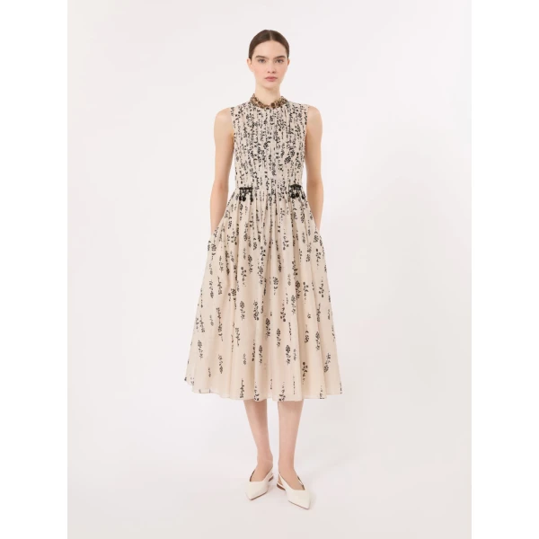 Max Mara Capsula Printed Cotton Voile Dress in Ecru | Midi Dresses | Coveti