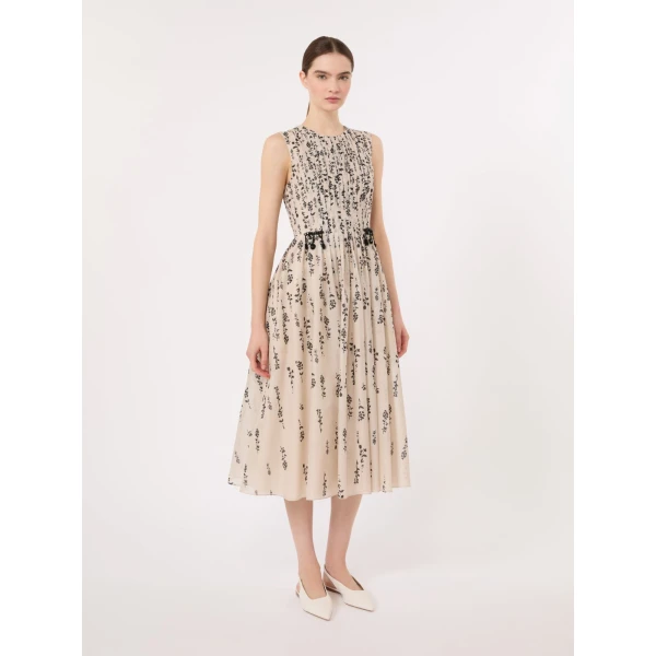Max Mara Capsula Printed Cotton Voile Dress in Ecru | Midi Dresses | Coveti