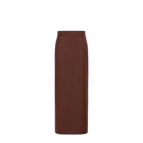 Carabo Long Denim-Effect Wool Skirt in Rust