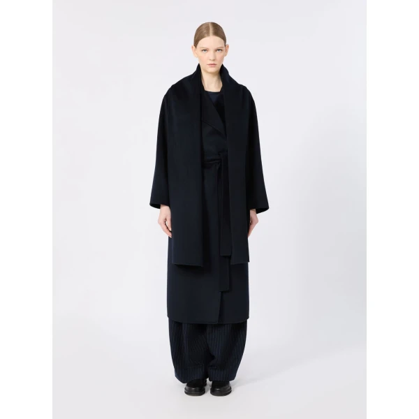 Max Mara Carisma Double Wool and Cashmere Robe Coat in Midnight Blue | Wool Coat | Coveti