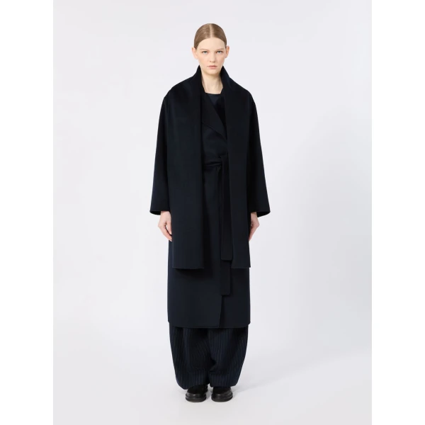 Max Mara Carisma Double Wool and Cashmere Robe Coat in Midnight Blue | Wool Coat | Coveti