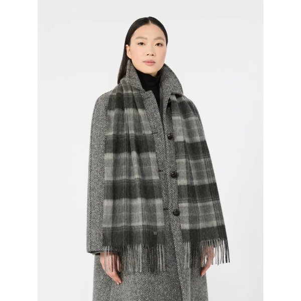 Max Mara Cashmere Tartan Jacquard Scarf in Dark Grey | Scarves | Coveti