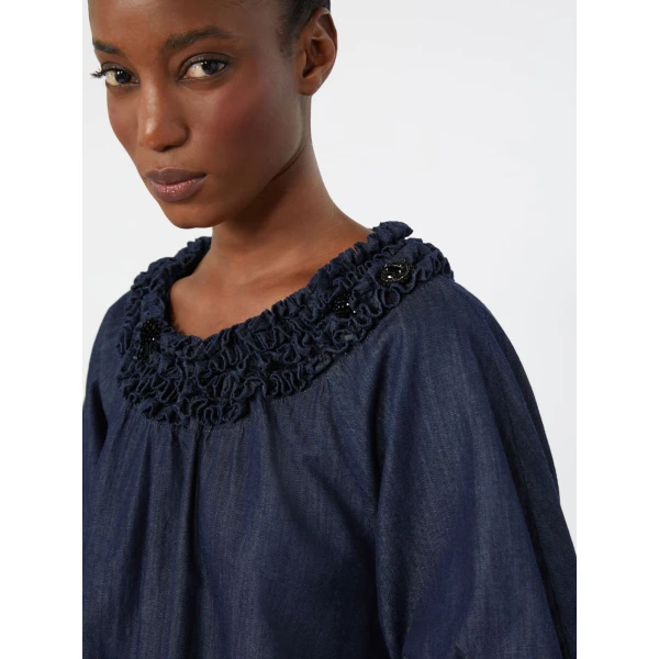 Max Mara Catia Cotton Denim Blouse in Midnight Blue | Blouse | Coveti