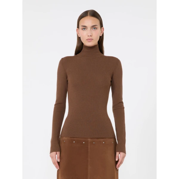 Max Mara Cavallo Wool Yarn Polo-Neck Sweater in Brown | Turtlenecks | Coveti
