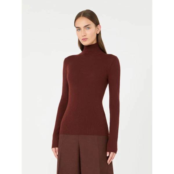 Max Mara Cavallo Wool Yarn Polo-Neck Sweater in Brown Bordeaux | Turtlenecks | Coveti