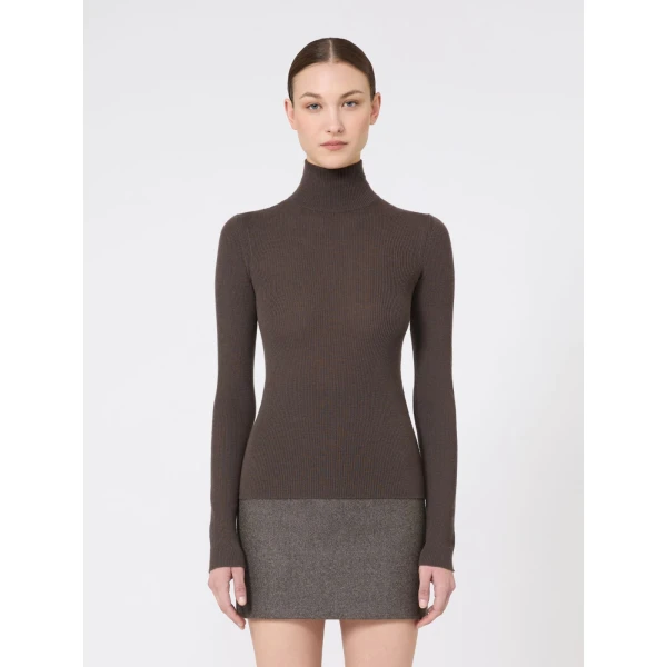 Max Mara Cavallo Wool Yarn Polo-Neck Sweater in Mud | Turtlenecks | Coveti
