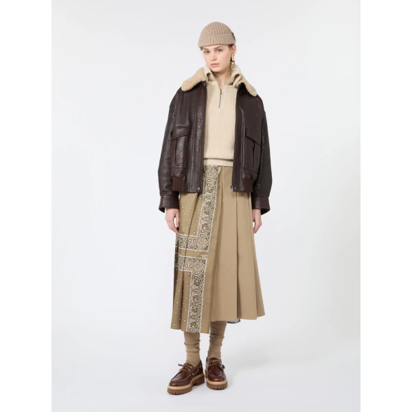 Max Mara Ceci Printed Twill and Cotton Drill Skirt in Tobacco | Pleated Skirts | Coveti
