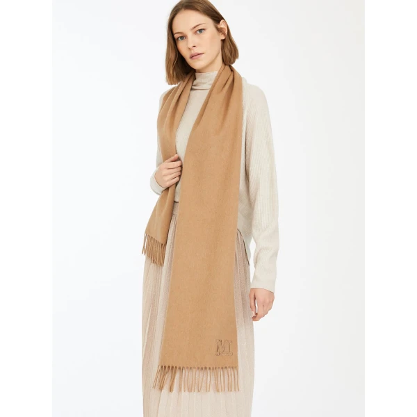 Max Mara Clara Monogram Embroidered Stole in Camel | Scarves | Coveti