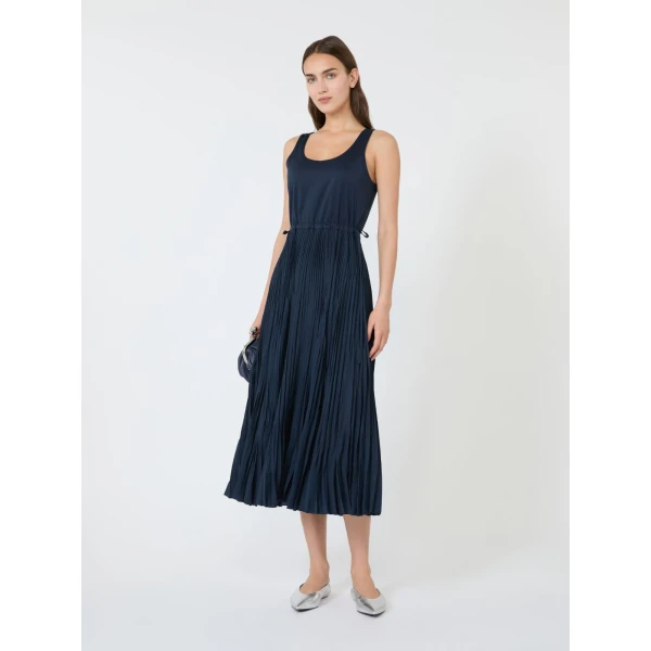 Max Mara Classi Jersey Dress with Plisse Skirt in Navy | Maxi Dresses | Coveti