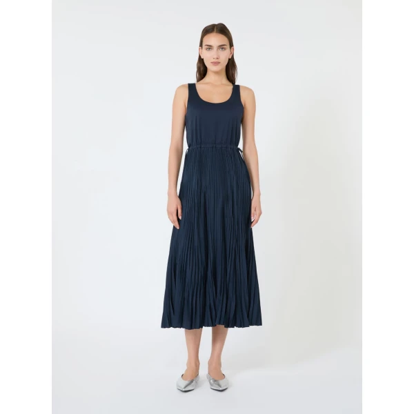 Max Mara Classi Jersey Dress with Plisse Skirt in Navy | Maxi Dresses | Coveti