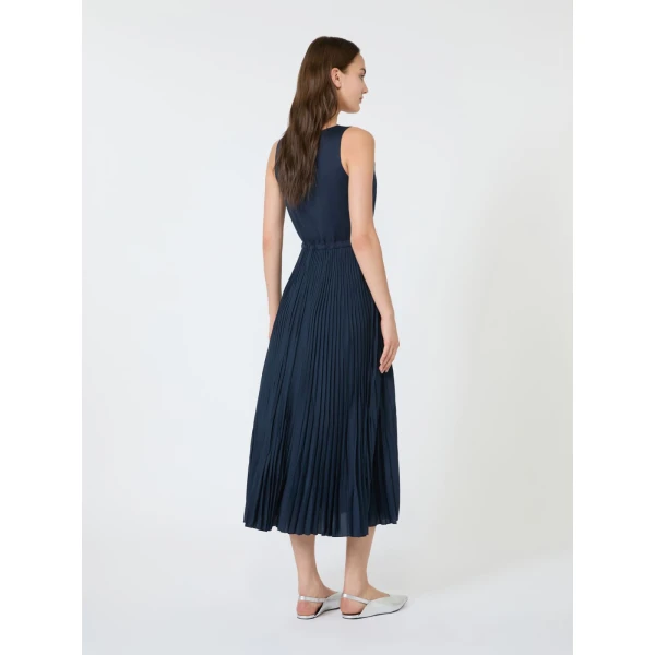 Max Mara Classi Jersey Dress with Plisse Skirt in Navy | Maxi Dresses | Coveti