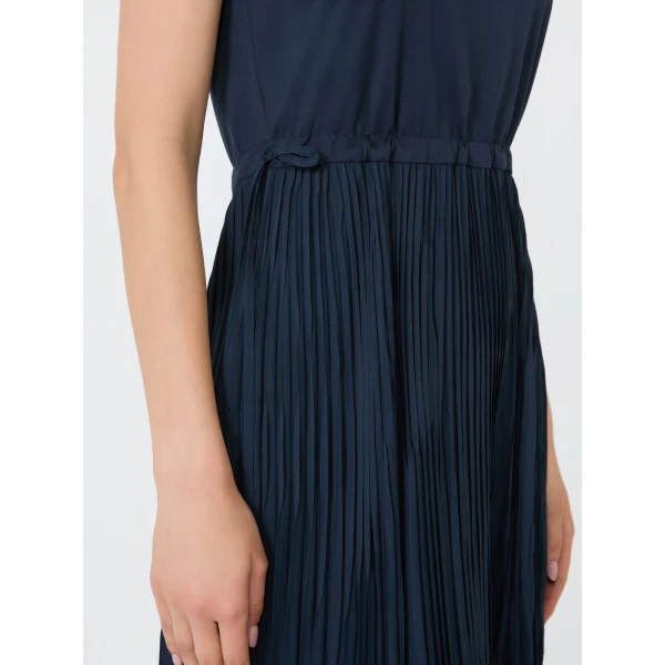 Max Mara Classi Jersey Dress with Plisse Skirt in Navy | Maxi Dresses | Coveti