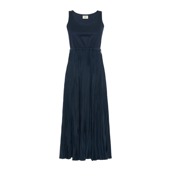 Max Mara Classi Jersey Dress with Plisse Skirt in Navy | Maxi Dresses | Coveti