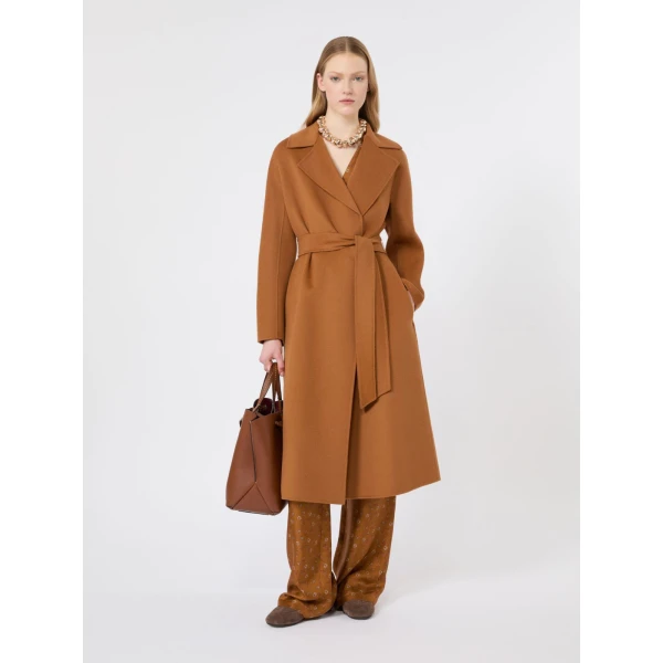 Max Mara Cles Wool, Cashmere and Silk Wrap Coat in Caramel | Wool Coat | Coveti