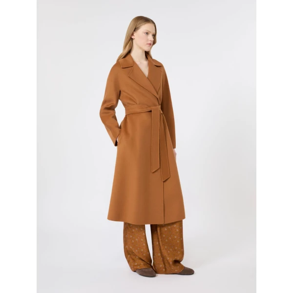 Max Mara Cles Wool, Cashmere and Silk Wrap Coat in Caramel | Wool Coat | Coveti