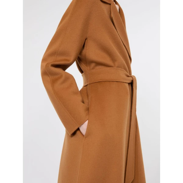 Max Mara Cles Wool, Cashmere and Silk Wrap Coat in Caramel | Wool Coat | Coveti