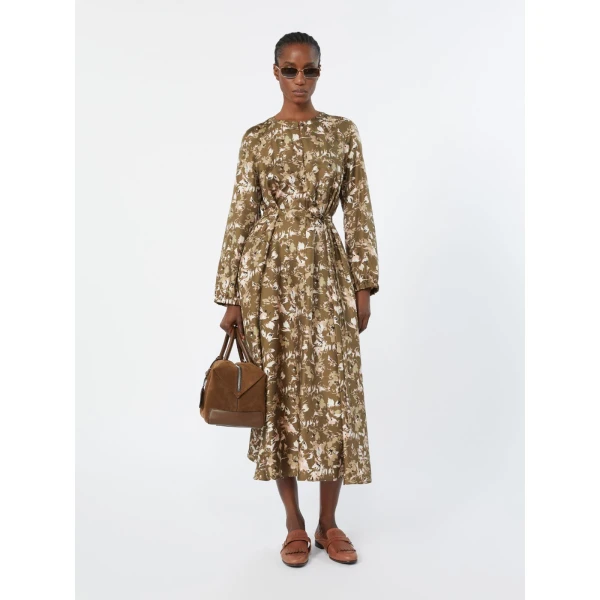 Max Mara Coccole Printed Silk Twill Dress in Khaki | Maxi Dresses | Coveti