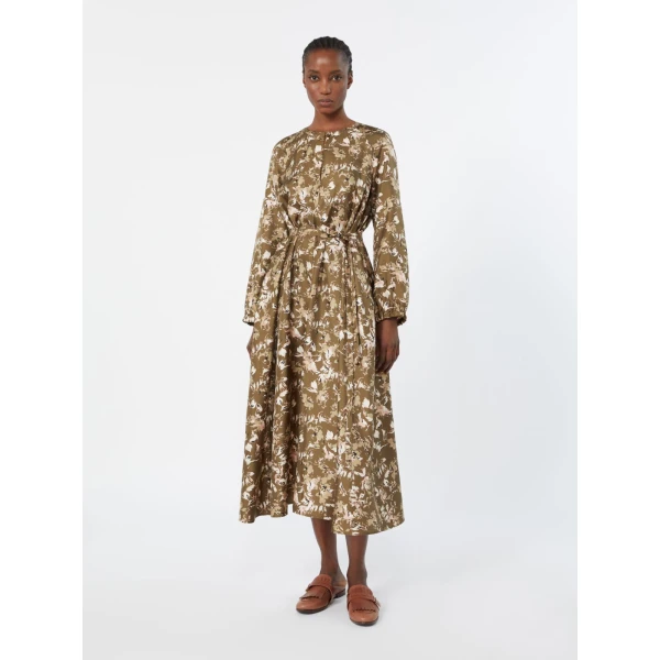 Max Mara Coccole Printed Silk Twill Dress in Khaki | Maxi Dresses | Coveti