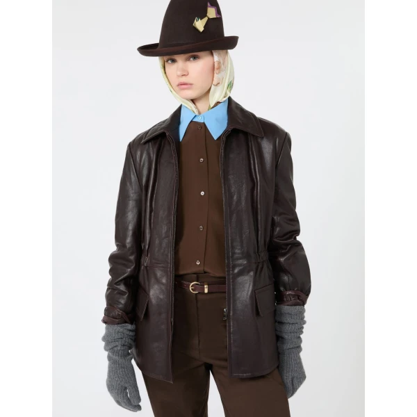 Max Mara Como Leather Biker Jacket in Dark Brown | Leather Jackets | Coveti