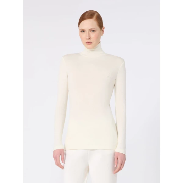Max Mara Cono Wool Jersey Polo-Neck Sweater in White | Turtlenecks | Coveti