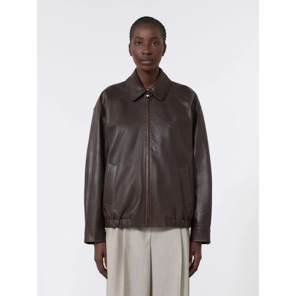 Max Mara Cose Nappa Leather Bomber Jacket in Dark Brown | Leather Jackets | Coveti