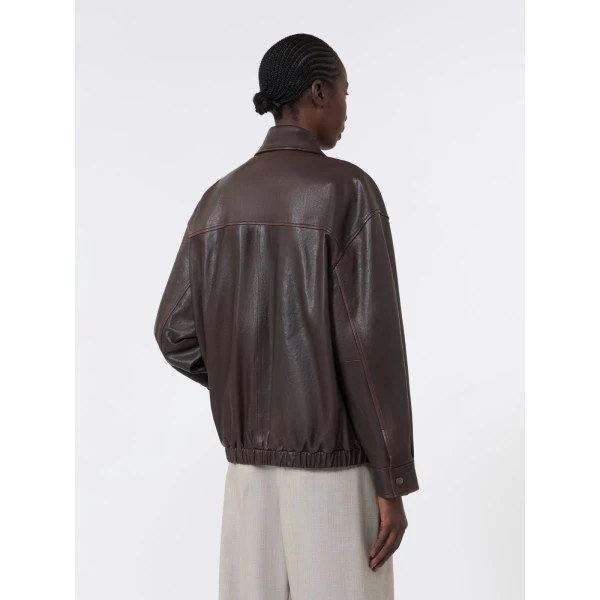 Max Mara Cose Nappa Leather Bomber Jacket in Dark Brown | Leather Jackets | Coveti