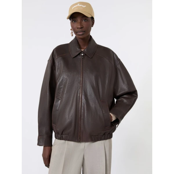 Max Mara Cose Nappa Leather Bomber Jacket in Dark Brown | Leather Jackets | Coveti