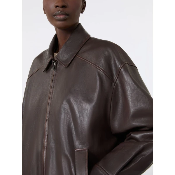 Max Mara Cose Nappa Leather Bomber Jacket in Dark Brown | Leather Jackets | Coveti