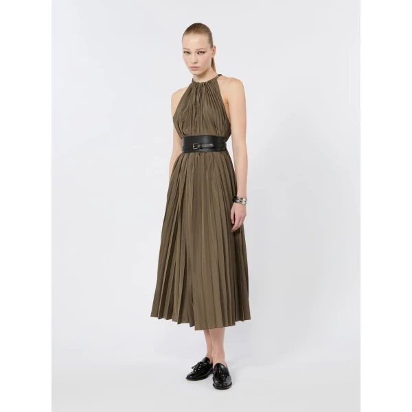 Max Mara Costone Sleeveless Plisse Taffeta Dress in Mud | Maxi Dresses | Coveti