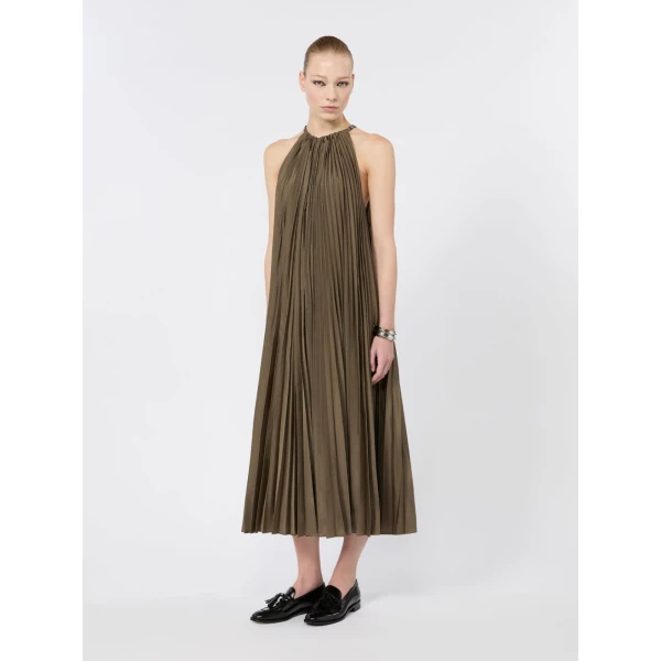 Max Mara Costone Sleeveless Plisse Taffeta Dress in Mud | Maxi Dresses | Coveti