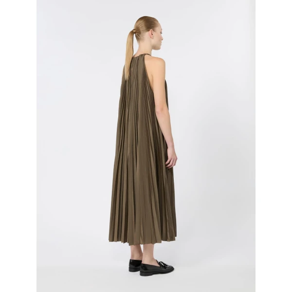 Max Mara Costone Sleeveless Plisse Taffeta Dress in Mud | Maxi Dresses | Coveti