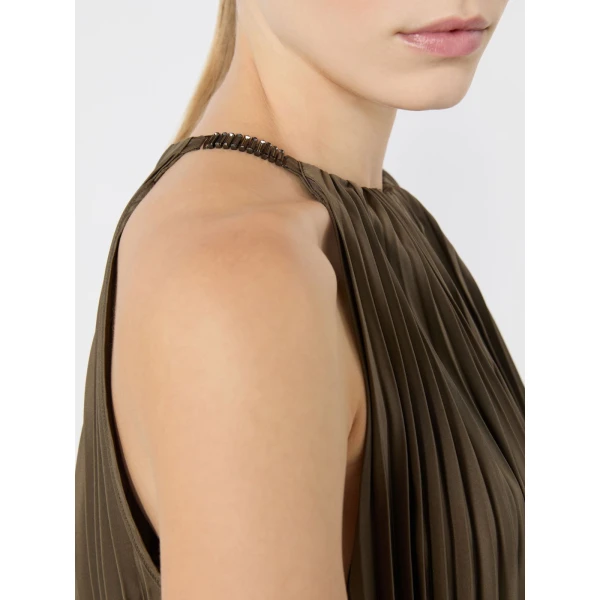 Max Mara Costone Sleeveless Plisse Taffeta Dress in Mud | Maxi Dresses | Coveti