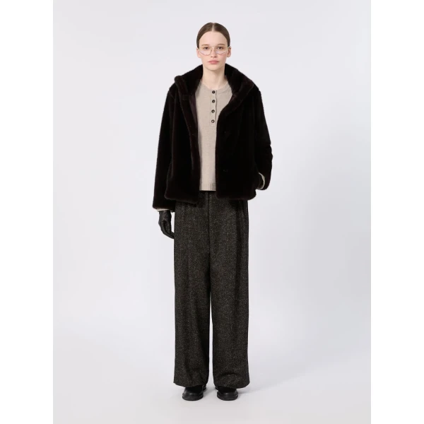 Max Mara Crea Fluffy-Textured Cropped Coat in Dark Brown | Coats | Coveti