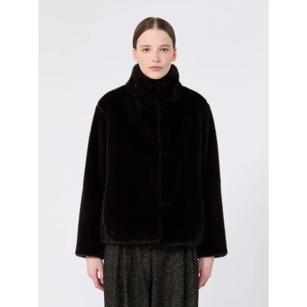 Max Mara Crea Fluffy-Textured Cropped Coat in Dark Brown | Coats | Coveti