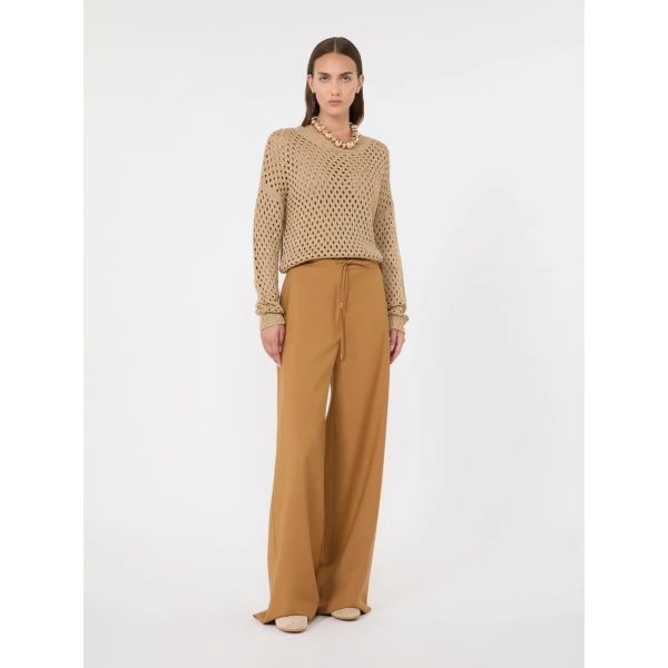 Max Mara Crisma Woollen Cloth Drawstring Trousers in Caramel | Wide leg pants | Coveti