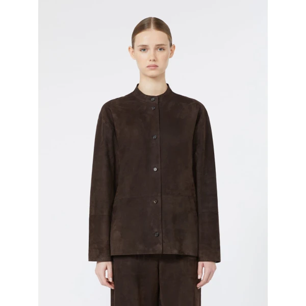 Max Mara Danzante Suede Mandarin-Neck Jacket in Brown | Leather Jackets | Coveti